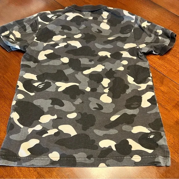 BAPE A Bathing Ape Camo Polo Shirt Gray/Black Ape Head Logo Mens Small - Picture 8 of 11